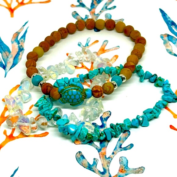 Handmade Sea Turtle Beaded Stone Beach Bracelet Set! New in Box! - Picture 2 of 7